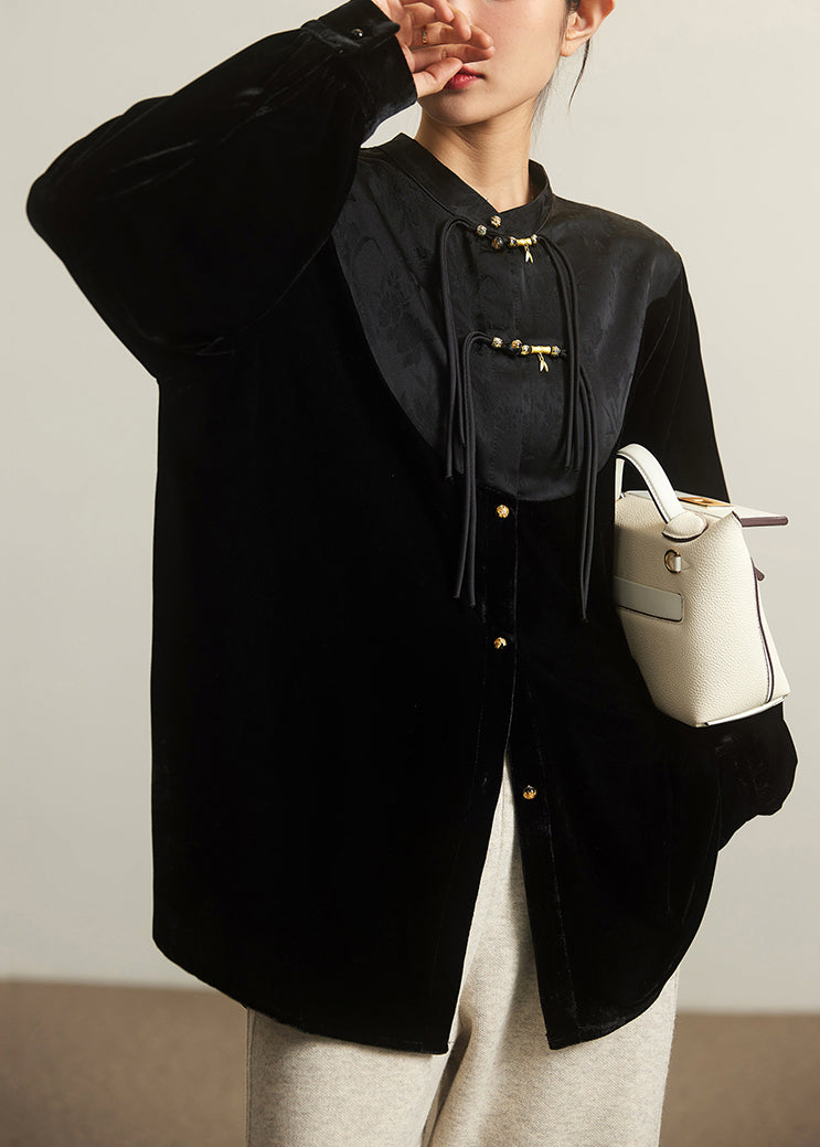 Loose Black Stand Collar Button Patchwork Silk Velour Top Long Sleeve Spring