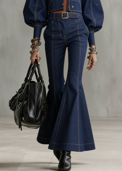 Novelty Denim Blue Patchwork Coat and Flared Trousers Two Pieces Set Flare Sleeve
