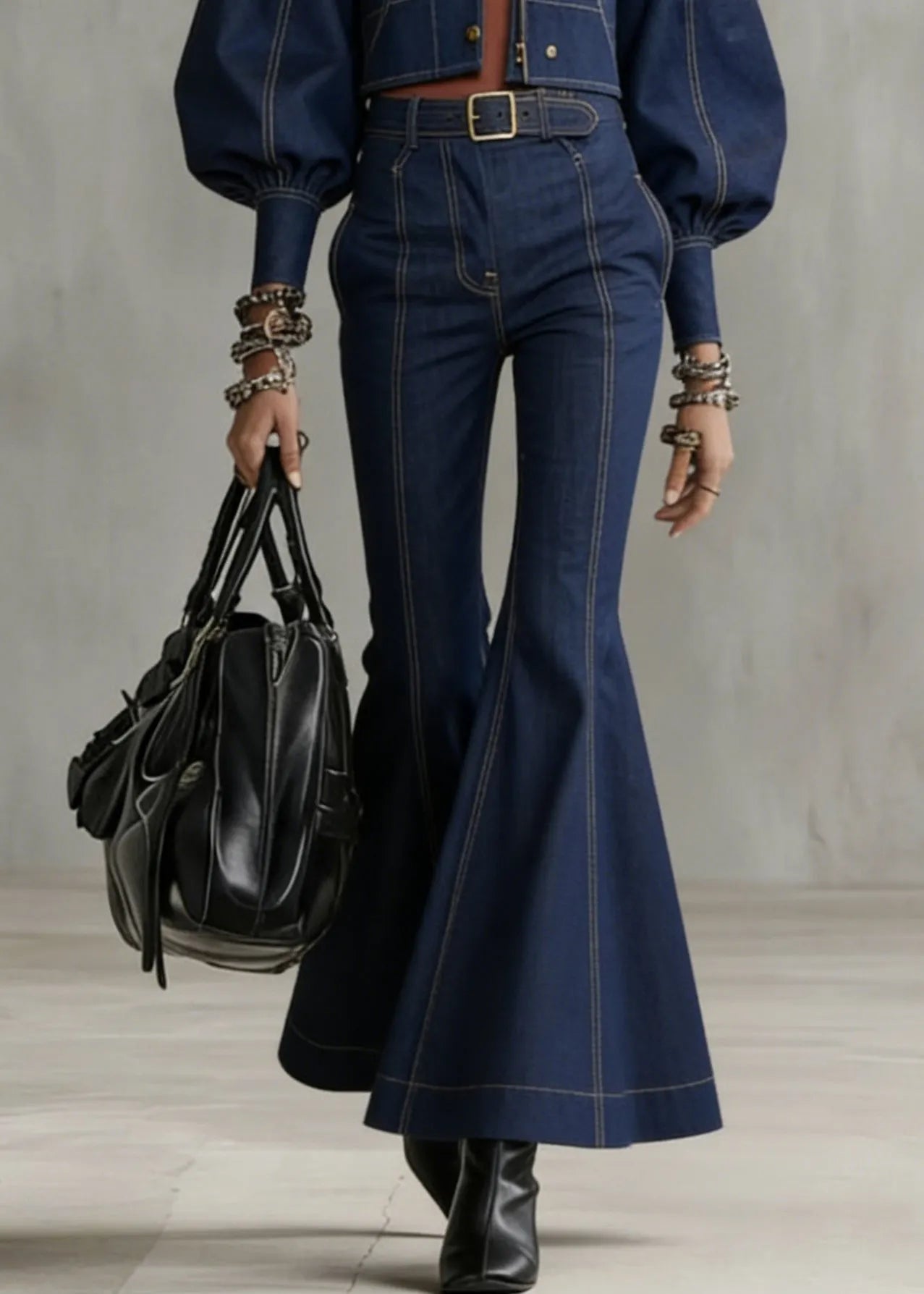 Novelty Denim Blue Patchwork Coat and Flared Trousers Two Pieces Set Flare Sleeve