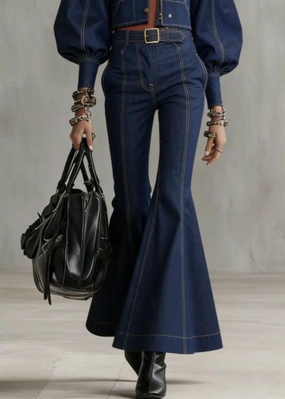 Novelty Denim Blue Patchwork Coat and Flared Trousers Two Pieces Set Flare Sleeve