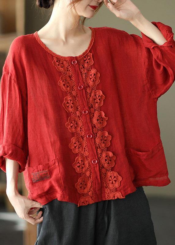 Modern Red Hollow Out Embroideried Pockets Fall Long Sleeve Shirt Tops