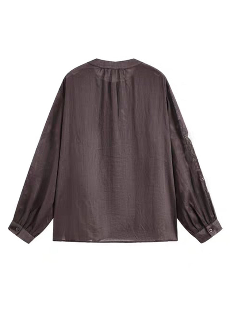 Coffee O-neck Button Embroidered Ramie Shirt Spring