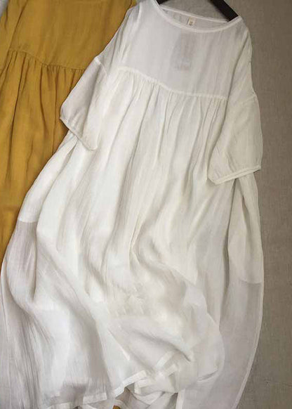 Yellow O-neck Patchwork Wrinkled Long Dresses Short Sleeve Summer