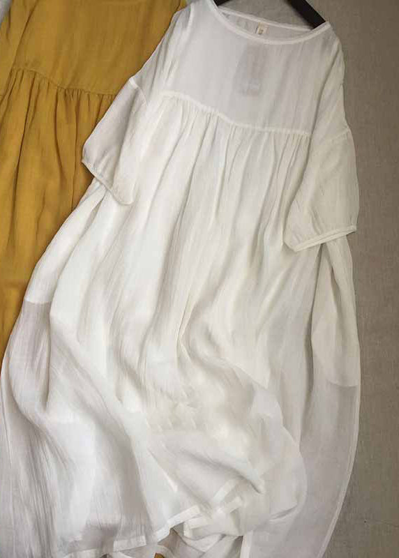 Yellow O-neck Patchwork Wrinkled Long Dresses Short Sleeve Summer