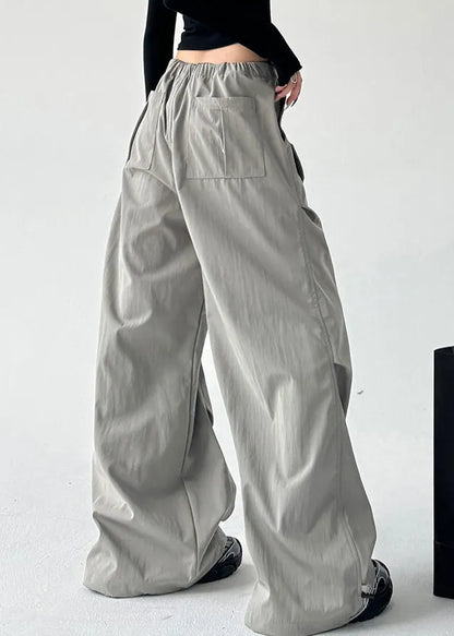 Grey Pockets Tie Waist Wide Leg Pants Spring