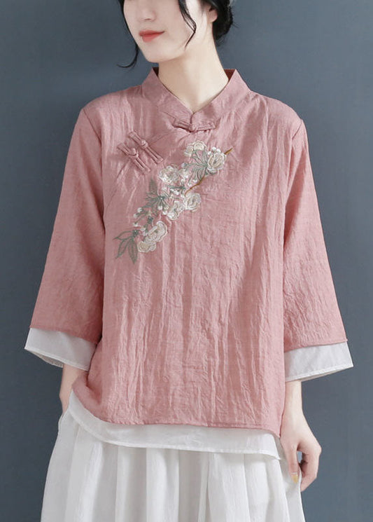 Pink Stand Collar Embroideried Cotton Fake Two Piece Shirts Three Quarter Sleeve