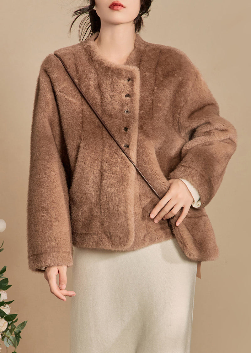 Apricot O-neck Button Fluffy Coats Winter
