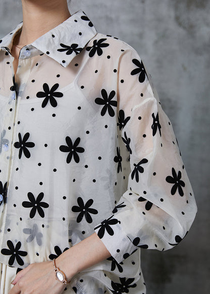 White Oversized Print Chiffon Two Piece Suit Set Summer