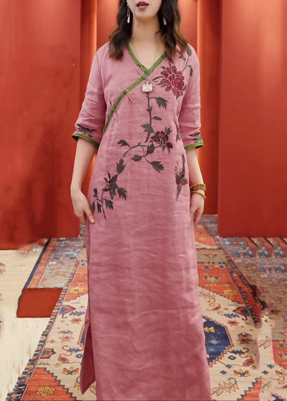 New Pink V Neck Print Side Open Cotton Dress Half Sleeve Summer