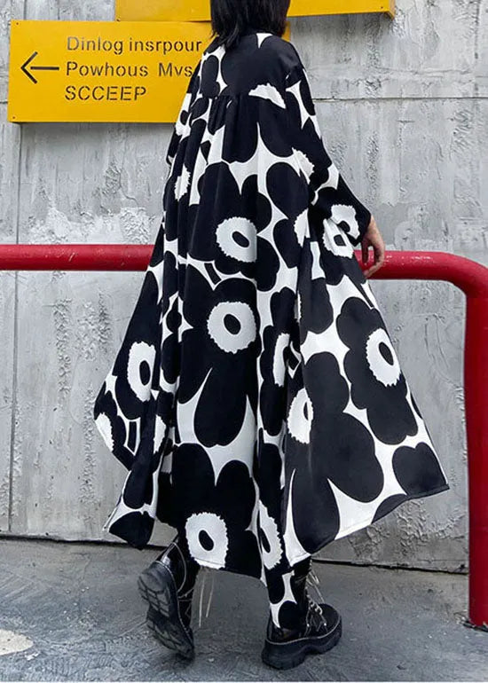 Black Wrinkled Asymmetrical Print Chiffon Dress Spring