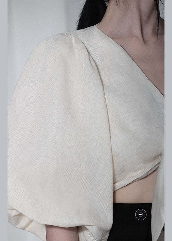 Unique White V Neck Retro Loose Summer Blouses Half Sleeve