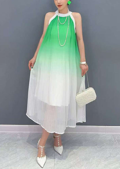 Gradient Color Green O-neck Chiffon Maxi Dresses Sleeveless
