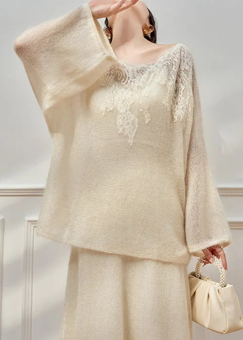 White Lace Patchwork Sweaters and Skirts Knit Two Piece Set O-neck Fall