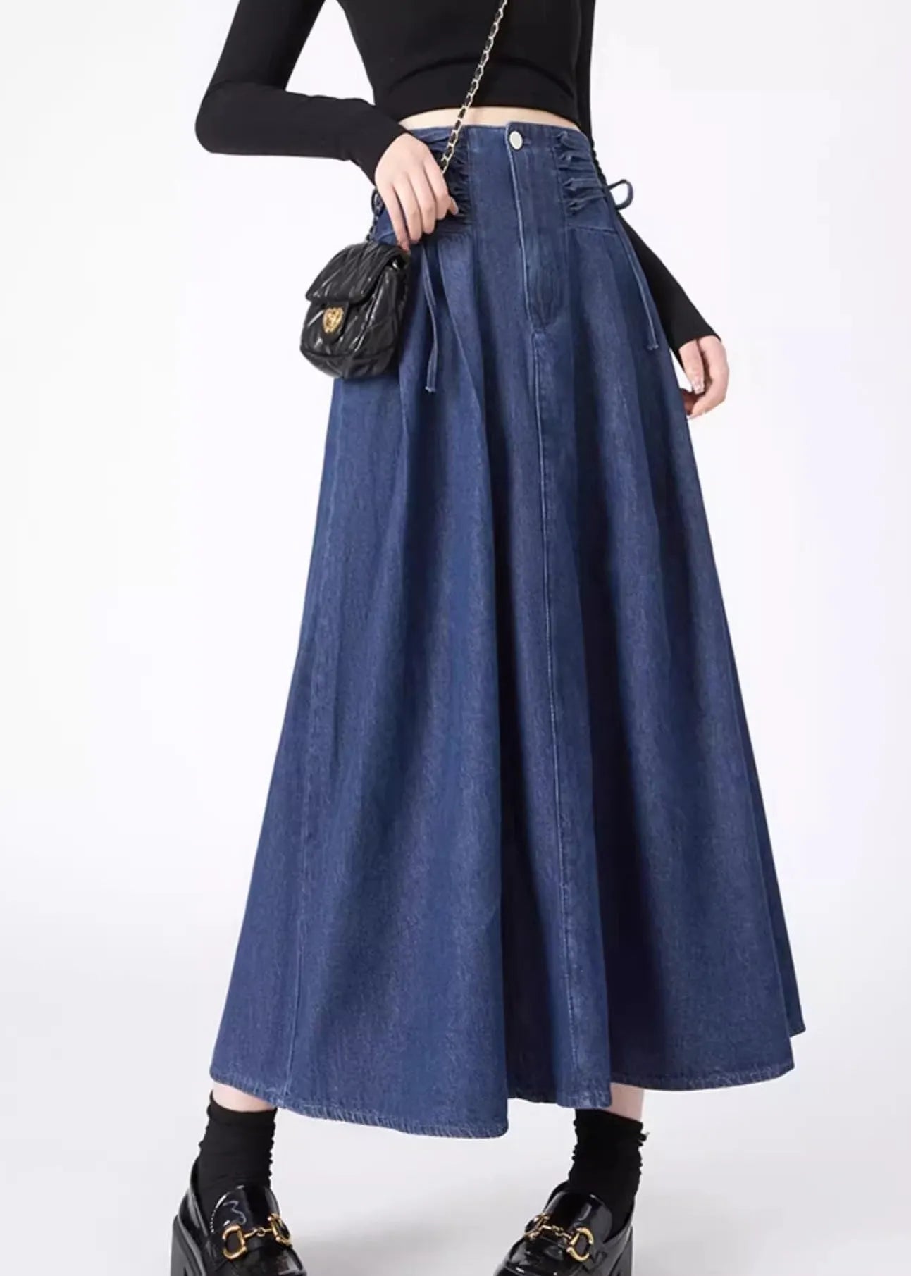 Navy Patchwork Tie Waist Denim Maxi Skirts Spring