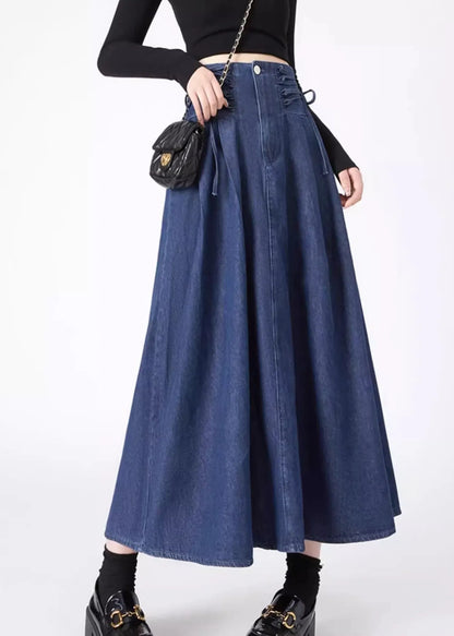 Navy Patchwork Tie Waist Denim Maxi Skirts Spring