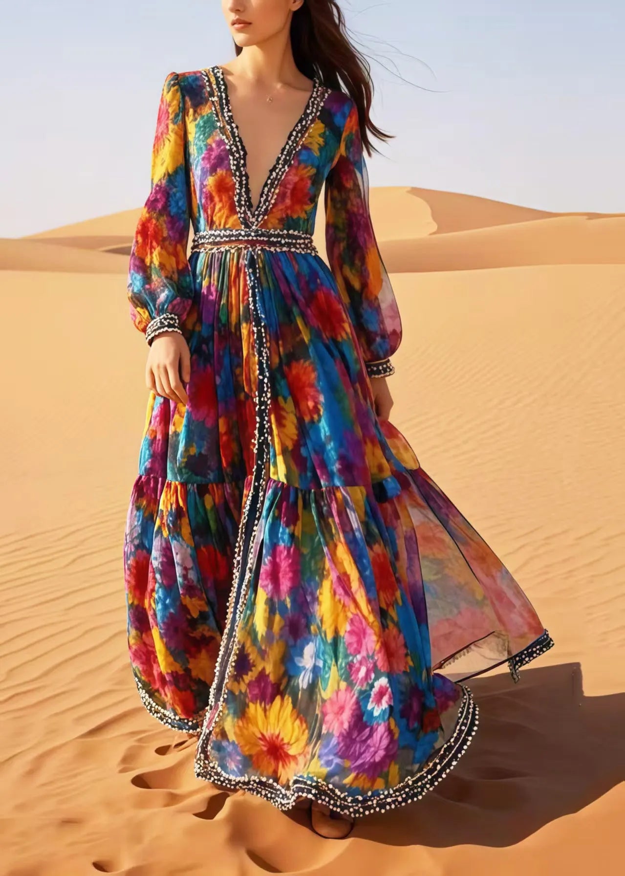 Flower Print Exra Large Hem Chiffon Beach Dress Spring