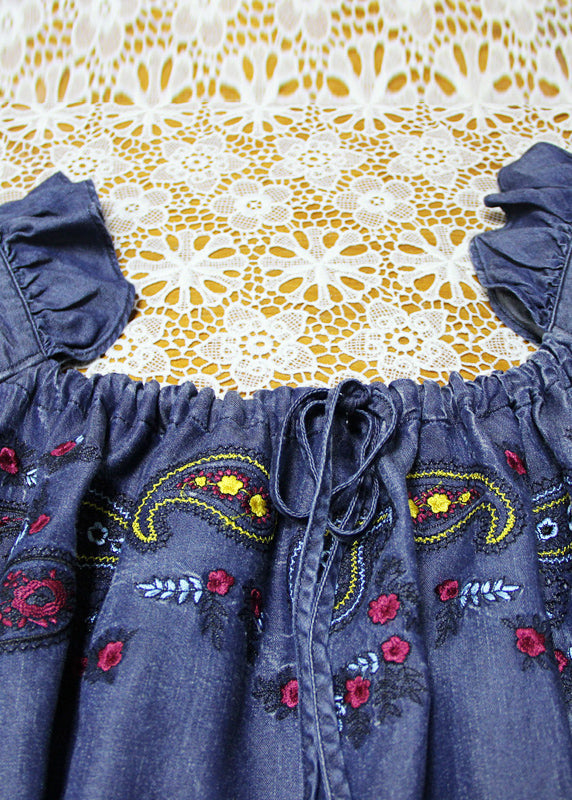 Italian Denim Blue Ruffled Embroideried Cotton a Line Dress Half Sleeve