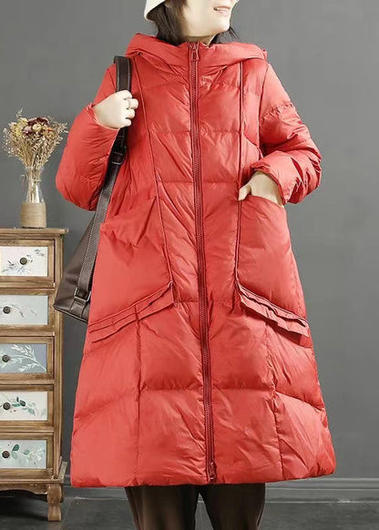 Red Hooded Pockets Zippered Patchwork Duck Down Down Coat Winter