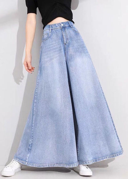 Light Blue High Waist Pockets Cotton Flare Pants Skirt Summer