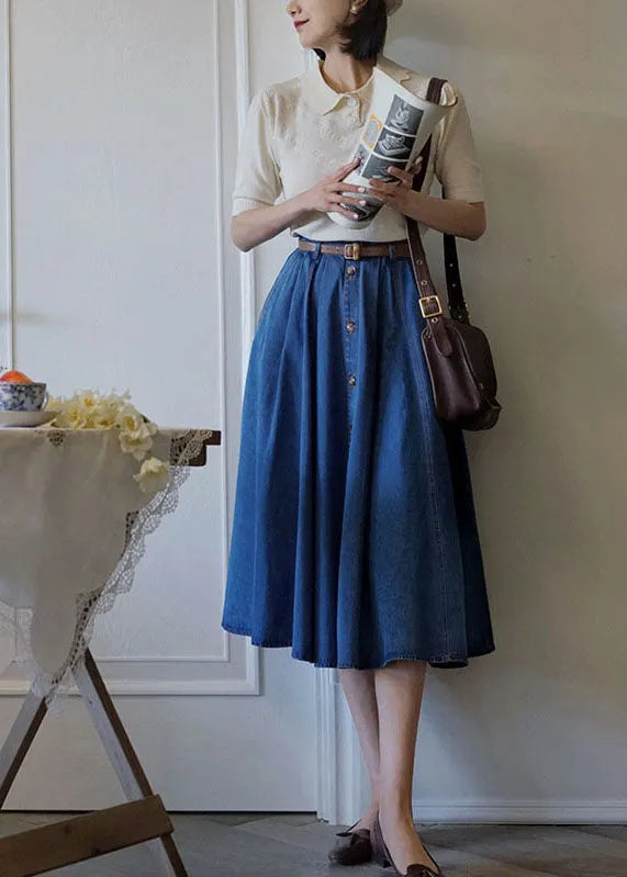 Denim Blue High Waist Exra Large Hem Cotton Skirt Spring