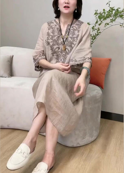 Apricot V Neck Embroideried Linen Long Dress Long Sleeve