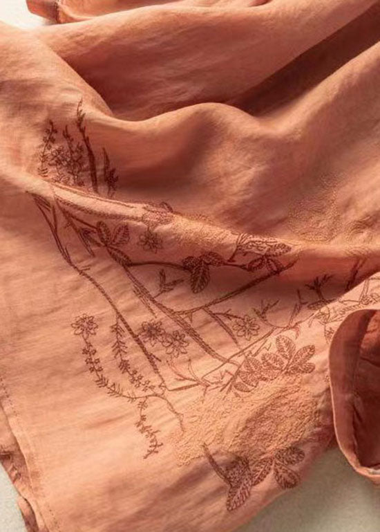 Orange Patchwork Linen T Shirt Embroideried O-neck Half Sleeve