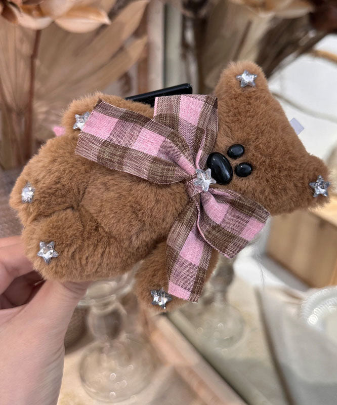 Pink Coffee Plaid Little Bear Zircon Bow Shark Hairpin