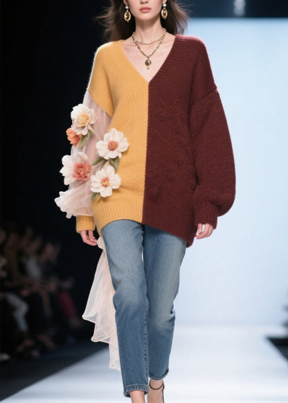 Classy Colorblock V Neck Tulle Knit Top Fall