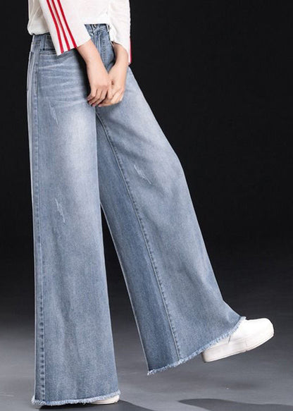 Light Blue High Waist Pockets Tassel Cotton Denim Wide Leg Pants Summer