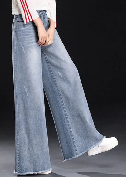 Light Blue High Waist Pockets Tassel Cotton Denim Wide Leg Pants Summer