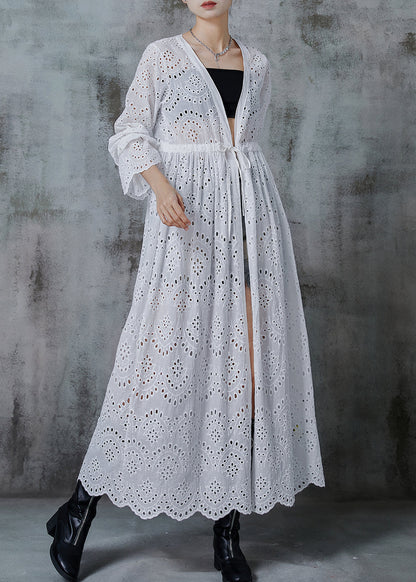 White Cinched Hollow Out Cotton Long Cardigans Fall