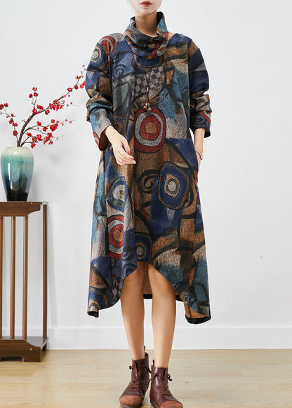 Navy Oversized Print Woolen Dress Two Piece Set Fall