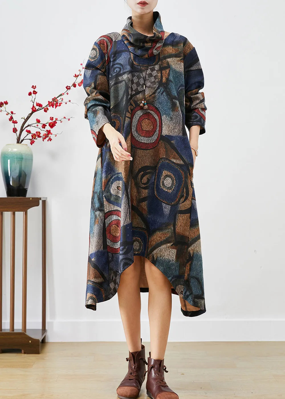 Navy Oversized Print Woolen Dress Two Piece Set Fall