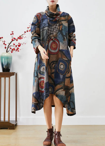 Navy Oversized Print Woolen Dress Two Piece Set Fall