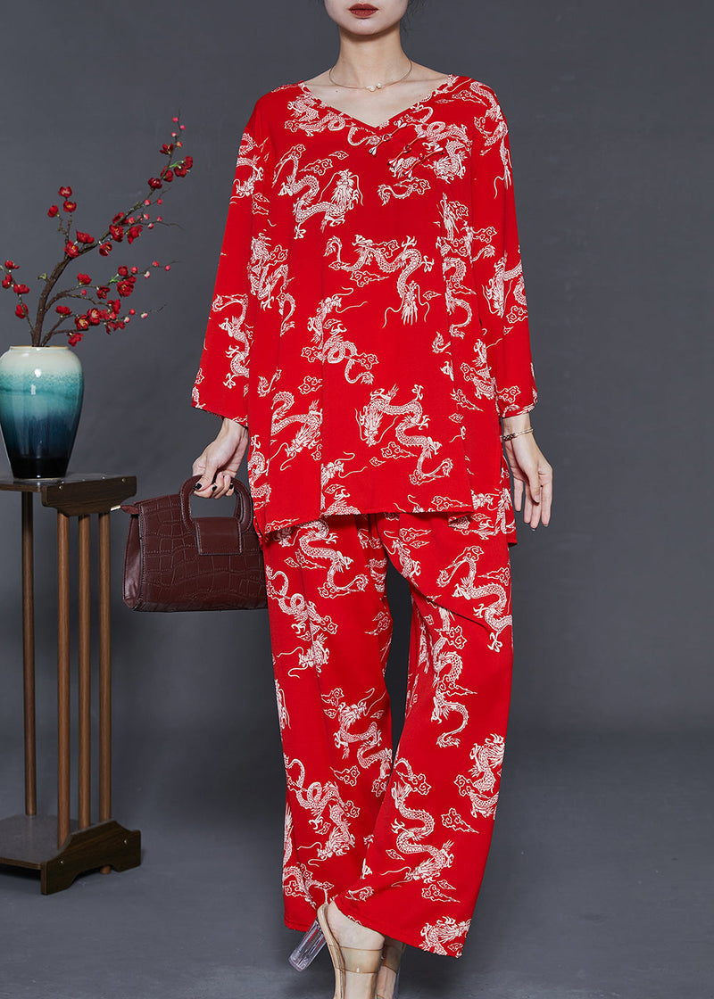 Red Dragon Print Cotton Sets 2 Pieces Summer