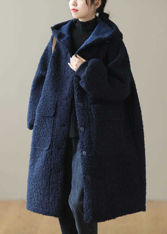 Coffee Button Pockets Warm Faux Fur Hooded Coat Long Sleeve Winter