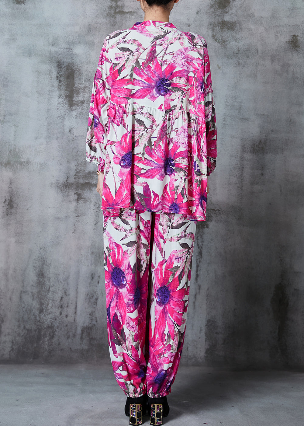 Rose Oversized Print Cotton Two Pieces Set Summer