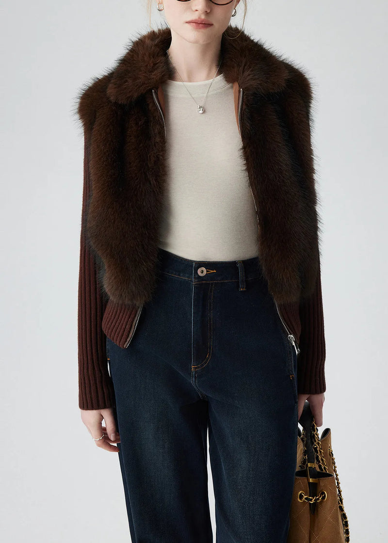 Chocolate Patchwork Faux Fur Knit Coats Fake Two Piece Winter