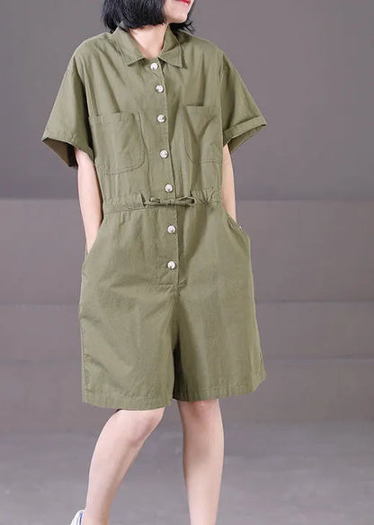 Army Green Peter Pan Collar Drawstring Pockets Color Cotton Overalls Jumpsuit Summer