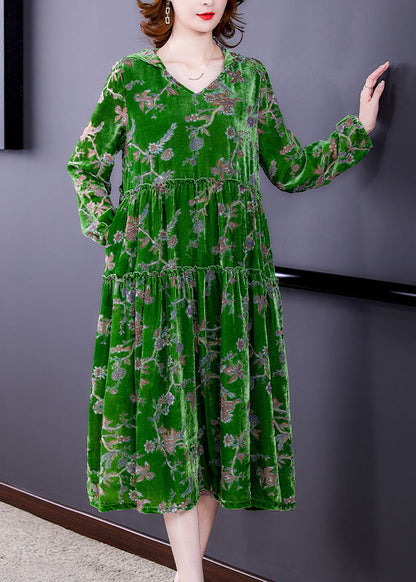 Green Ruffled Patchwork Velour Dresses Spring