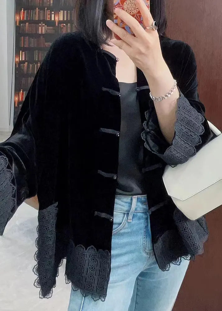 Orange O-neck Lace Patchwork Silk Velour Coats Fall