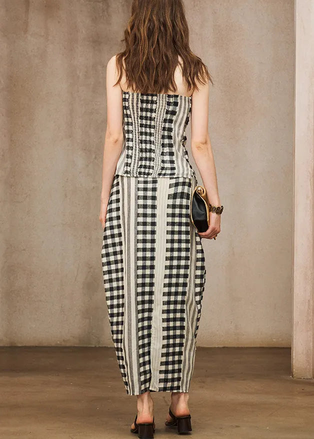 Red Backless Plaid Cotton Two Pieces Set Summer