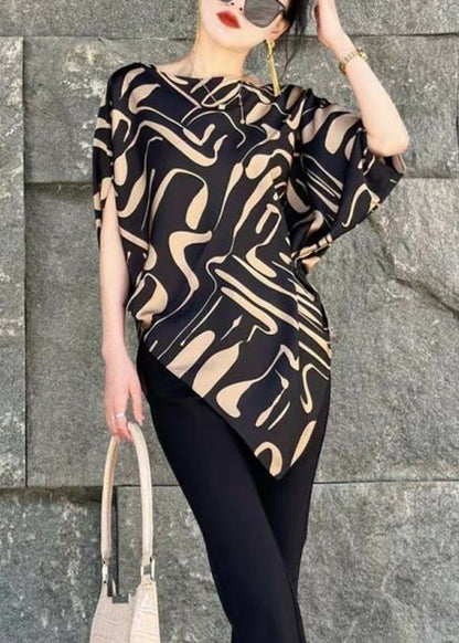 Beige Asymmetrical Print Cotton Blouse Tops Summer