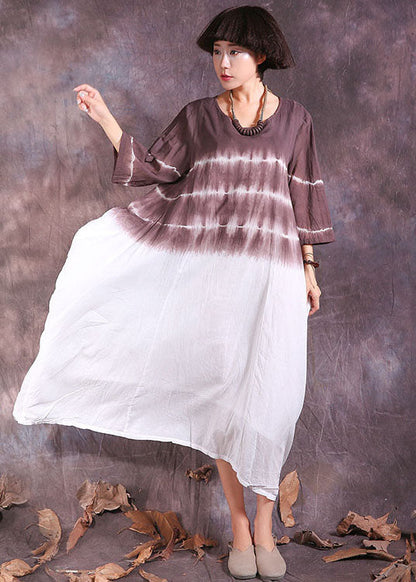 Chocolate Asymmetrical Gradient Color Cotton Long Dresses Three Quarter Sleeve