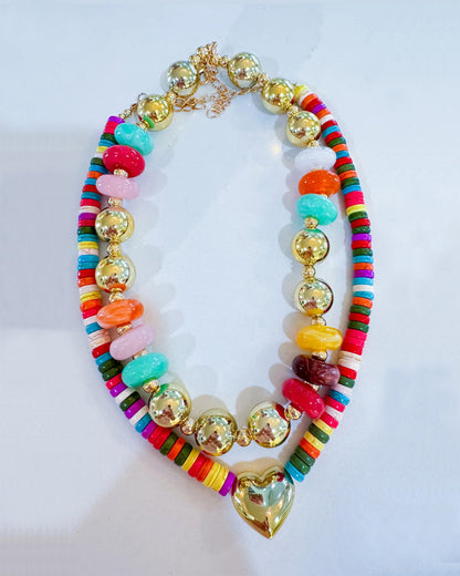 Colorful Beaded Gold Heart Necklace