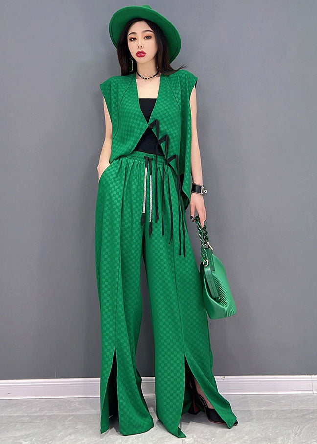 Classy Green Plaid Side Open Chiffon Vest and Wide Leg Pants Two Piece Set Outfits Summer
