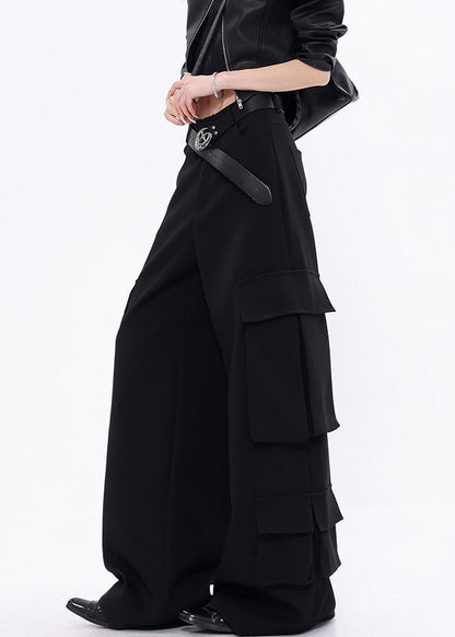 Black Pockets Cotton Wide Leg Pants Fall