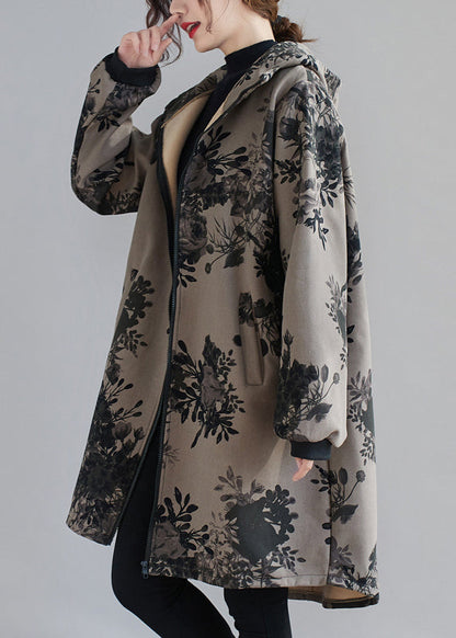 Charcoal Grey Hooded Print Pockets Patchwork Thick Coats Fall