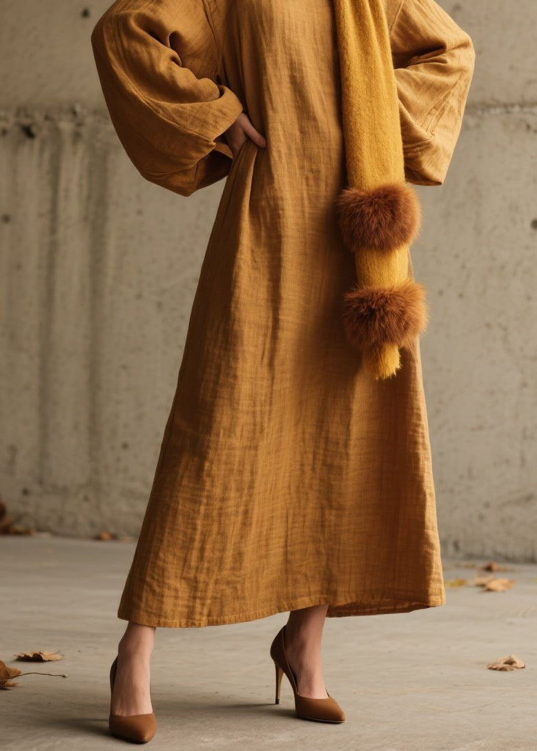 Simple Yellow O Neck Cotton Long Dress Lantern Sleeve Spring