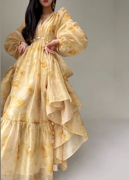 Fine Yellow V Neck Print Patchwork Long Dress Sleeveless